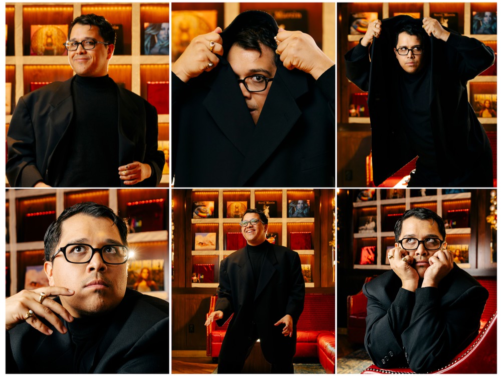 Six portraits of Nick Ciriano in a black suit and glasses, posing in a lounge lined with framed album art